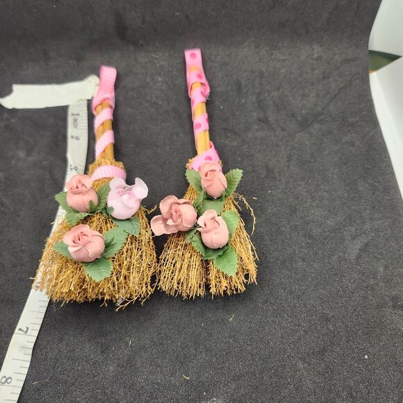 Hand Crafted Set of 2 Decorative Mini Brooms with Pink Roses - Picture 3 of 7
